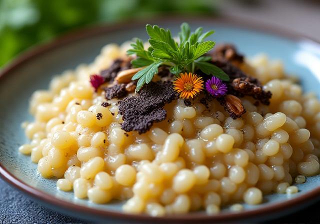 Moderner veganer Hauptgang mit bunten Gemüsetexturen